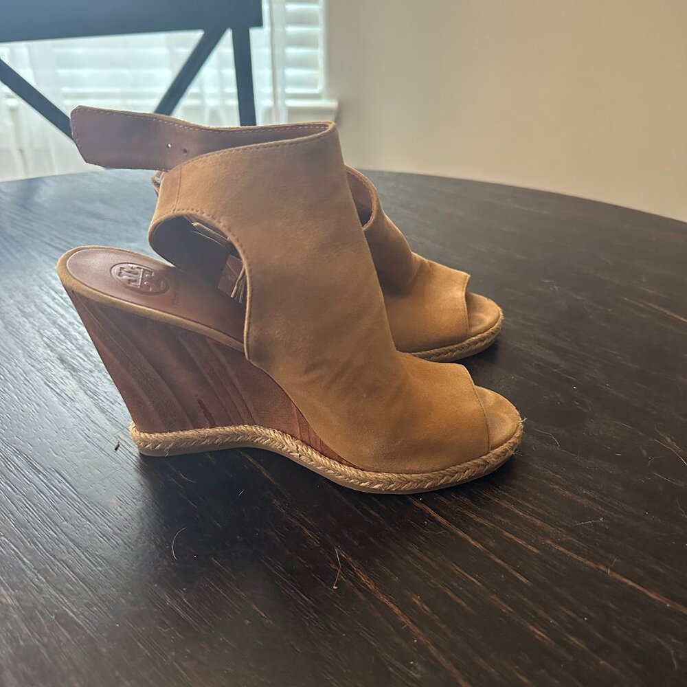 Tory Burch Suede Open Toe Wedges, Size 6.5